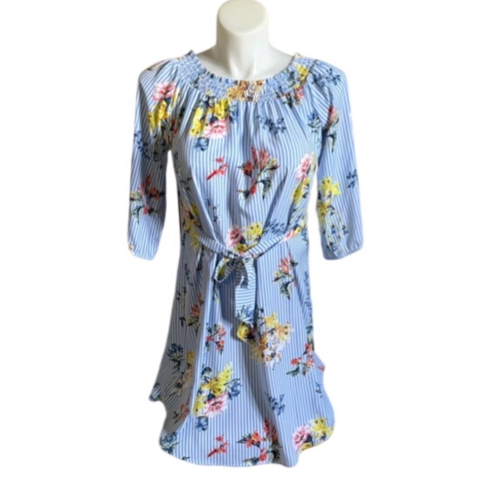 Spense Womens Floral Stripe Smocked Neck Tunic Top Blue White Large‎ RN 73163